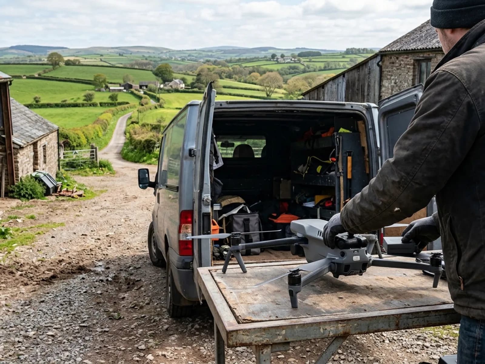 A grey folding survey drone being set up on the tailgate of a van in a Devon farmyard