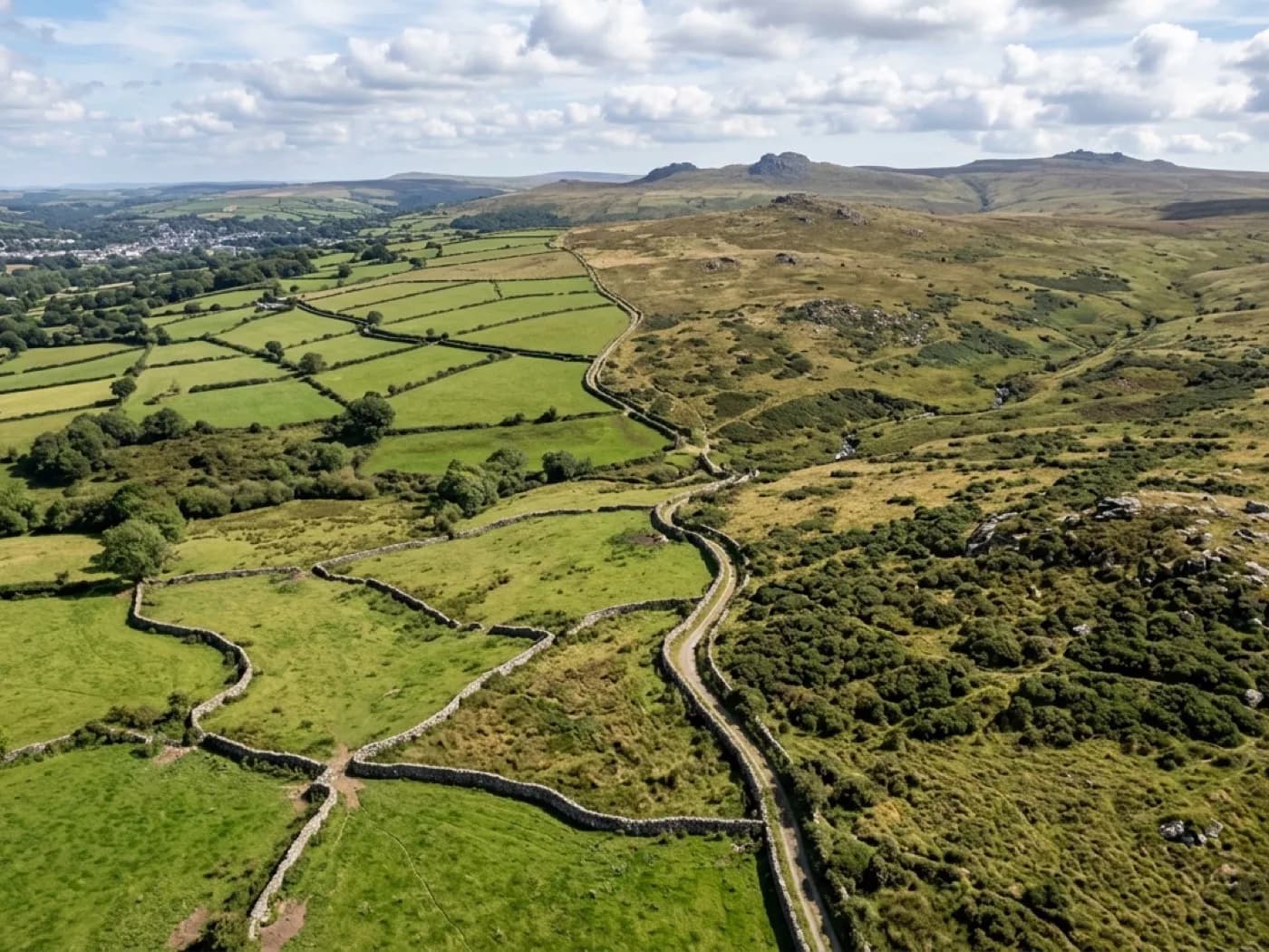 Aerial view where the West Devon farmland meets the open moor near Okehampton and Tavistock