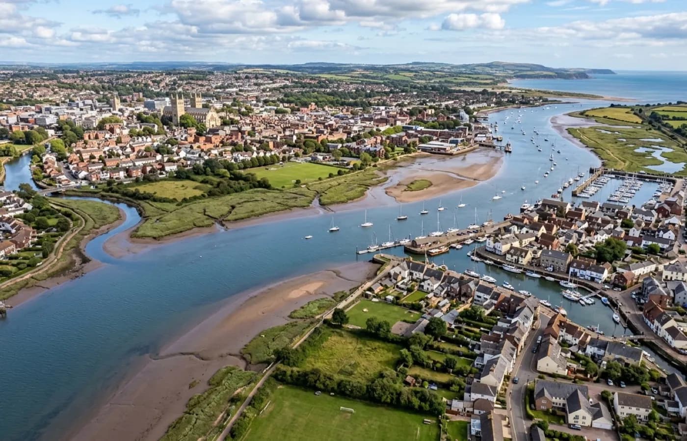 Aerial view over Exeter and the Exe estuary at Topsham, the centre of the coverage area