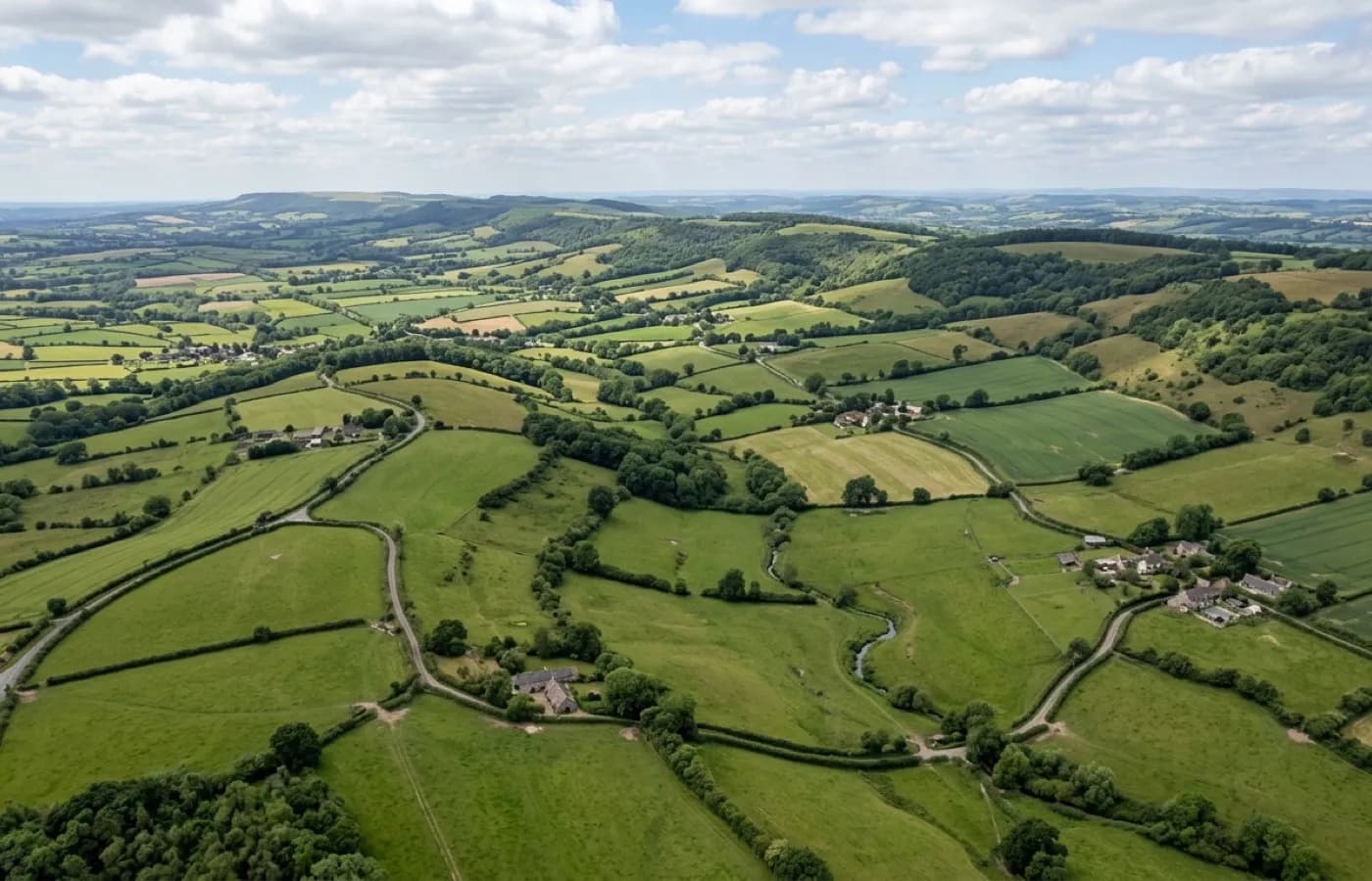 Aerial view of the Blackdown Hills and rolling farmland along the Somerset and Dorset border