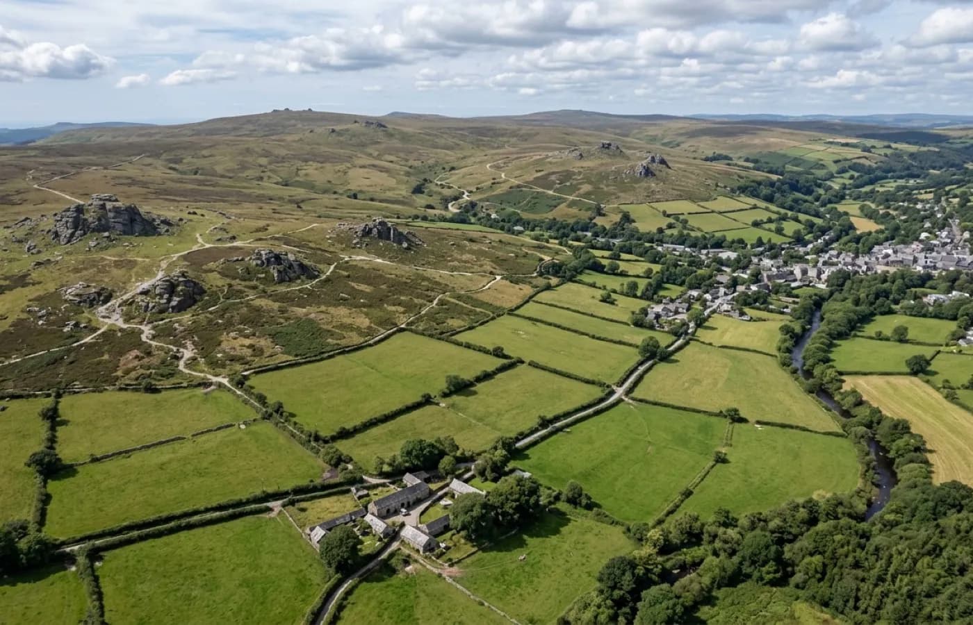 Aerial view of the western fringe of Dartmoor near Okehampton and Tavistock