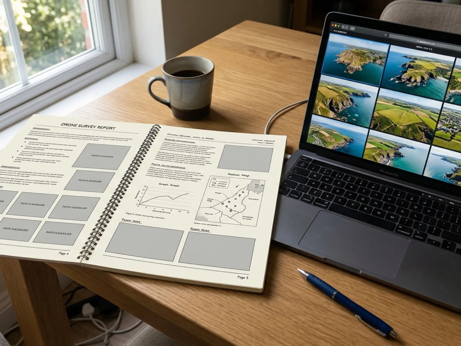 A written drone survey report open on a desk with a laptop showing aerial photographs beside it